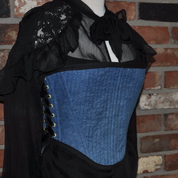New Reversible Green Plaid & Denim Side & Back Lace-up Corset Bustier Top M - Picture 7 of 13